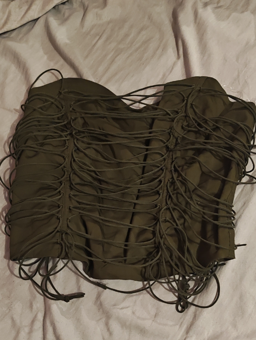 Fashion Nova Olive Lace-Up Fringe Bandeau Top